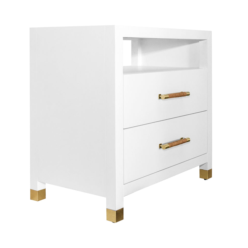 TWO DRAWER SIDE TABLE WITH RATTAN WRAPPED HANDLES IN MATTE WHITE LACQUER
