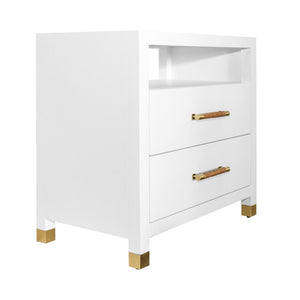 TWO DRAWER SIDE TABLE WITH RATTAN WRAPPED HANDLES IN MATTE WHITE LACQUER