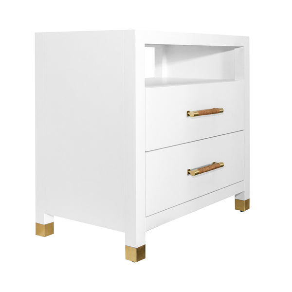 TWO DRAWER SIDE TABLE WITH RATTAN WRAPPED HANDLES IN MATTE WHITE LACQUER