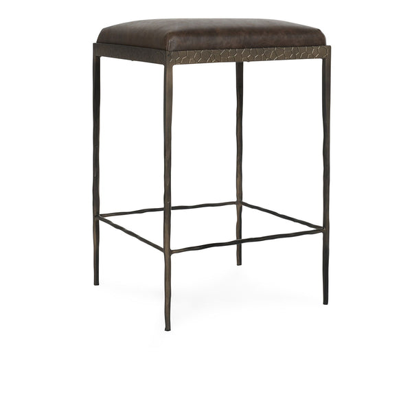 Bose Leather Counter Stool with Hammered Iron Frame - Cocoa Brown