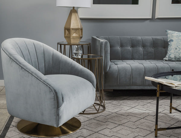 James II Gray Blue Velvet Covered Seat w Gold Swivel Base Accent Chair