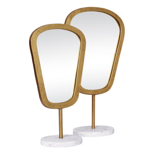 LARGE TABLE TOP MIRROR IN AGED GOLD FINISH ON WHITE MARBLE BASE