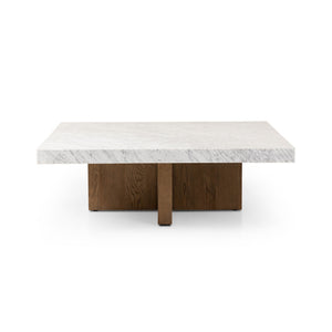 Bellamy Square Coffee Table In White Carrera Marble