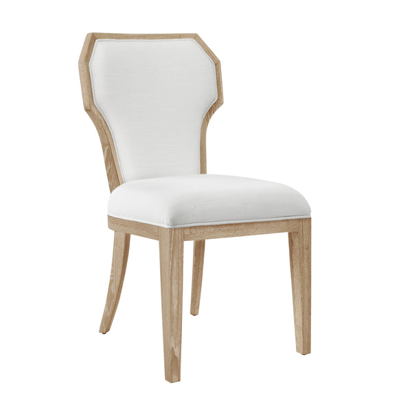 DINING CHAIR WITH CURVED ANGLE BACK IN CERUSED OAK WITH PERFORMANCE WHITE LINEN UPHOLSTERY