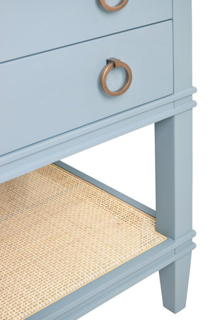 BATH VANITY IN MATTE LIGHT BLUE LACQUER WITH OPEN CANE SHELF, WHITE MARBLE TOP, PORCELAIN SINK, AND ANTIQUE BRASS RING HARDWARE, 48" WIDE