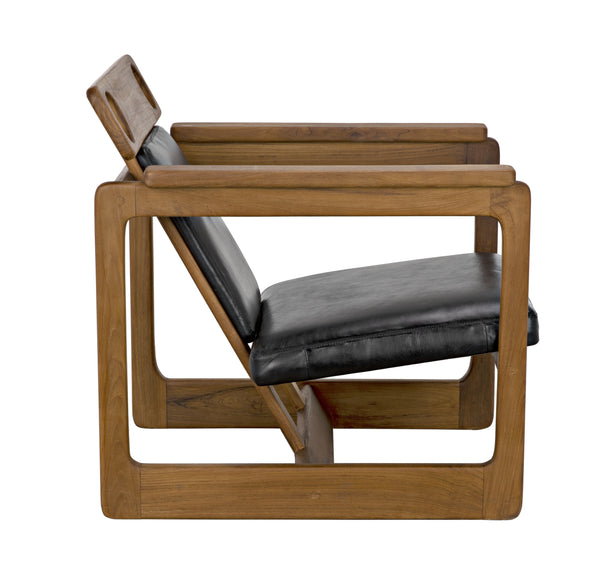 Buraco Teak Relax Chair with Gloss Finish and Black Leather Upholstery