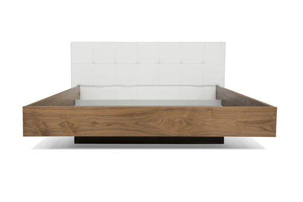 Floating modern King Bed - White Upholstery, Wood
