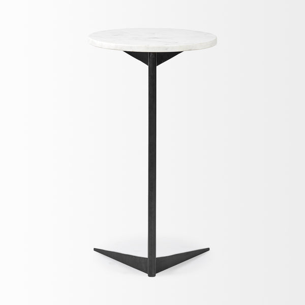 Ballatine II 15L x 15W x 27L White Marble Round Top White w/ Black Metal Base Accent Table