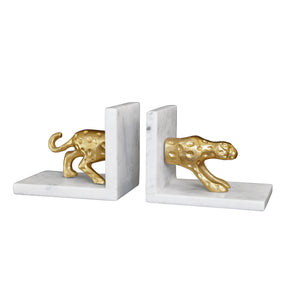 WHITE MARBLE BOOKENDS WITH BRASS LEOPARD