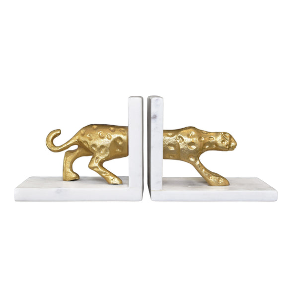WHITE MARBLE BOOKENDS WITH BRASS LEOPARD