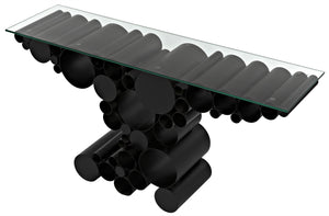 Paradox Console Table in Matte Black Industrial Steel with Glass Top