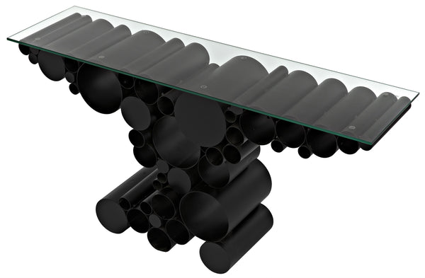 Paradox Console Table in Matte Black Industrial Steel with Glass Top