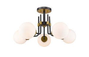 Parsons 5 Light Semi Flush Mount in Matte Black + Olde Brass Finish
