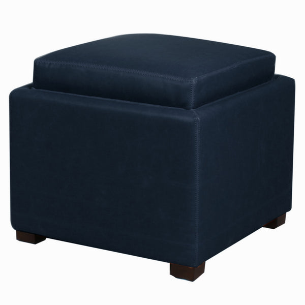 Cameron Square Bonded Leather Storage Ottoman w/ tray In Vintage Blue