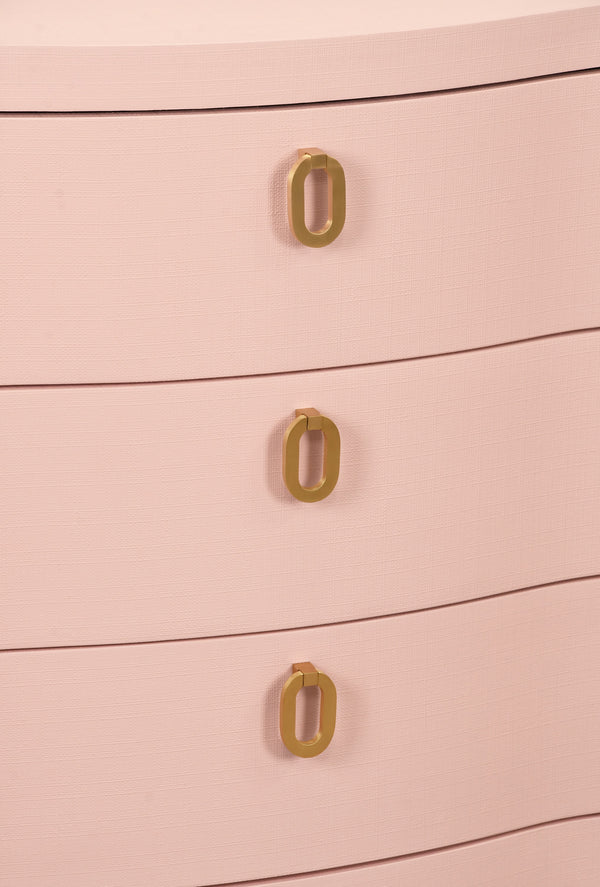 CURVED FRONT CHEST WITH THREE DRAWERS IN TEXTURED PINK LINEN WITH SATIN BRASS RING HARDWARE