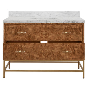 BATH VANITY IN MATTE DARK BURL WOOD AND ANTIQUE BRASS WITH WHITE MARBLE TOP AND PORCELAIN SINK, 48" WIDE