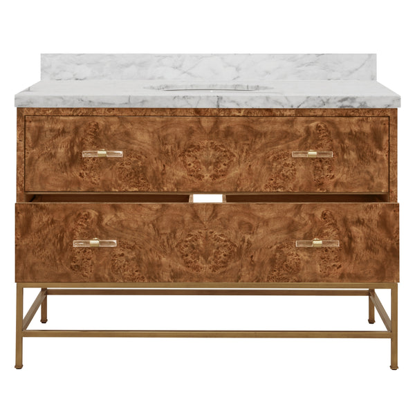 BATH VANITY IN MATTE DARK BURL WOOD AND ANTIQUE BRASS WITH WHITE MARBLE TOP AND PORCELAIN SINK, 48" WIDE