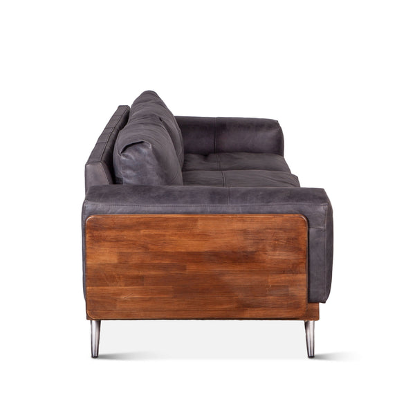 Mid-Century Leather and Wood Sofa, Antique Ebony