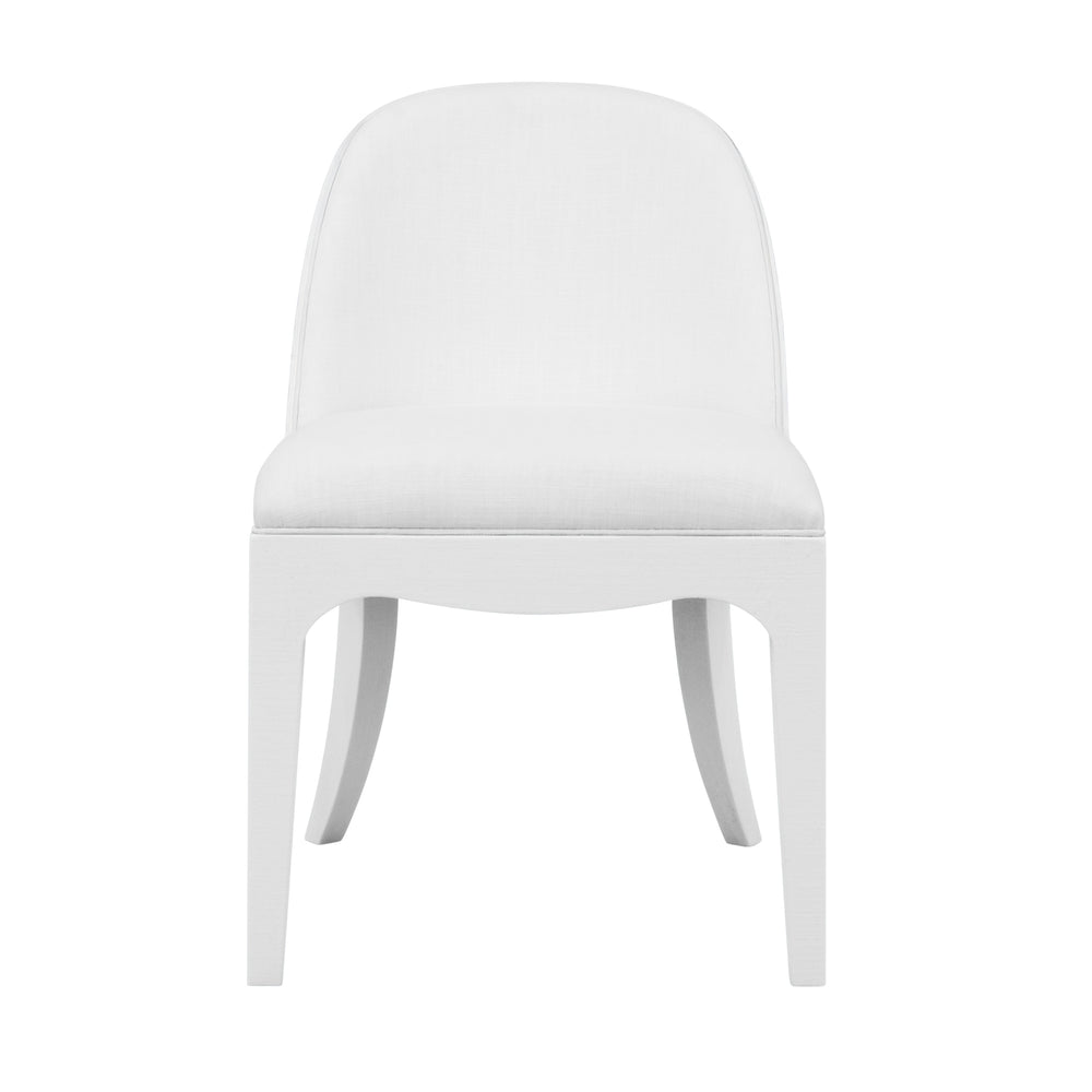 CURVED DINING CHAIR WITH SATIN BRASS RING HARDWARE ON BACK IN PERFORMANCE WHITE LINEN UPHOLSTERY AND TEXTURED WHITE LINEN FRAME