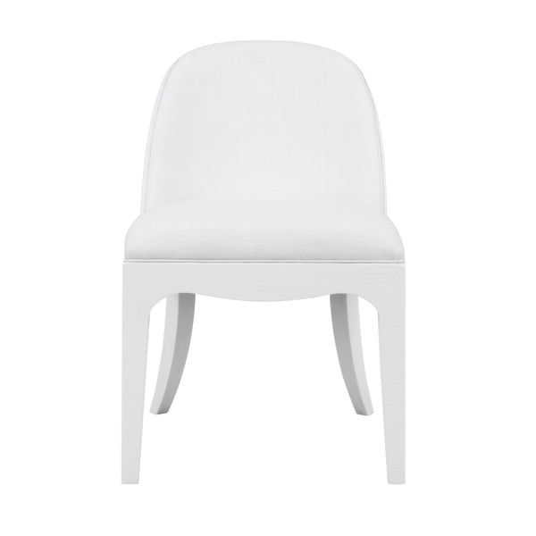 CURVED DINING CHAIR WITH SATIN BRASS RING HARDWARE ON BACK IN PERFORMANCE WHITE LINEN UPHOLSTERY AND TEXTURED WHITE LINEN FRAME