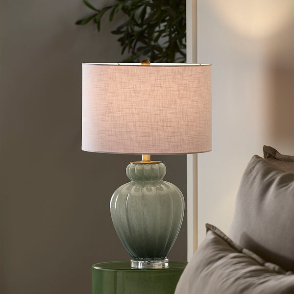 Agnes Blown Glass Table Lamp with Linen Shade, Celadon