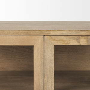 Arelius 36L x 18W x 32H Light Brown Wood, Black Metal Base w/ 2 Glass Doors Accent Cabinet