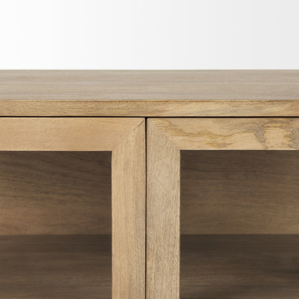 Arelius 36L x 18W x 32H Light Brown Wood, Black Metal Base w/ 2 Glass Doors Accent Cabinet