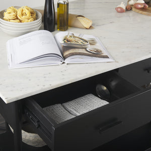 Amika White Marble Top Black Metal Base Kitchen Island