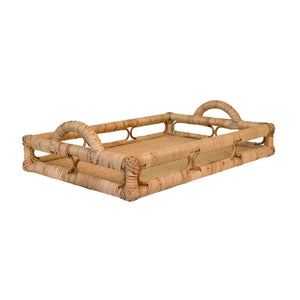 RECTANGULAR NATURAL RATTAN TRAY WITH OPEN OVAL DETAIL SIDES