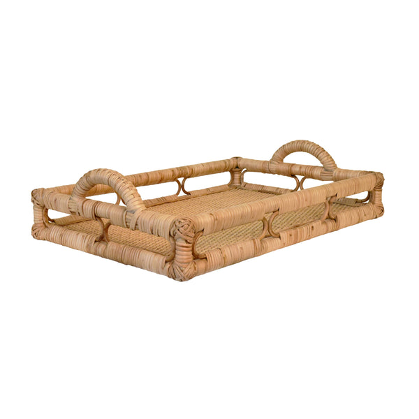 RECTANGULAR NATURAL RATTAN TRAY WITH OPEN OVAL DETAIL SIDES