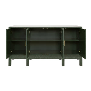 FOUR DOOR BUFFET WITH LARGE BRASS SQUARE HARDWARE IN GREEN DYED GRASSCLOTH