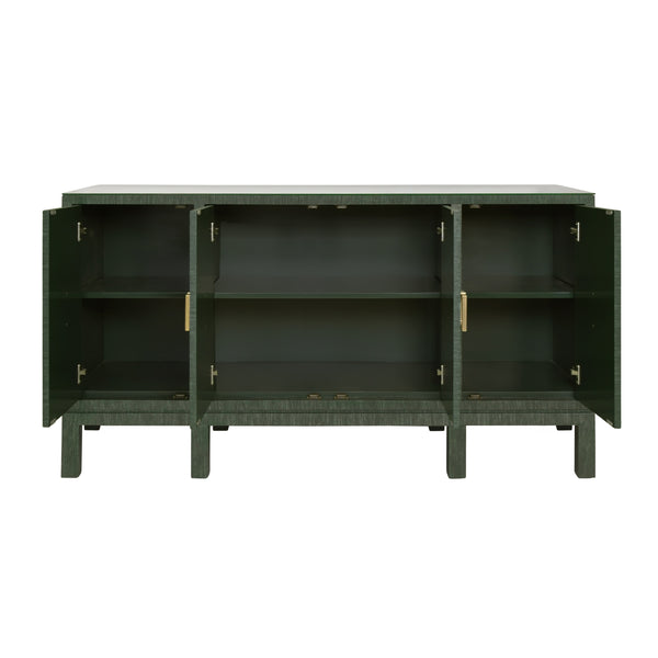 FOUR DOOR BUFFET WITH LARGE BRASS SQUARE HARDWARE IN GREEN DYED GRASSCLOTH