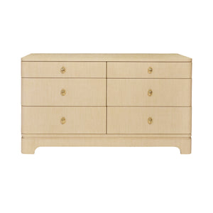SIX DRAWER ROUNDED EDGE CHEST WITH BRASS BEETLE KNOB IN NATURAL GRASSCLOTH