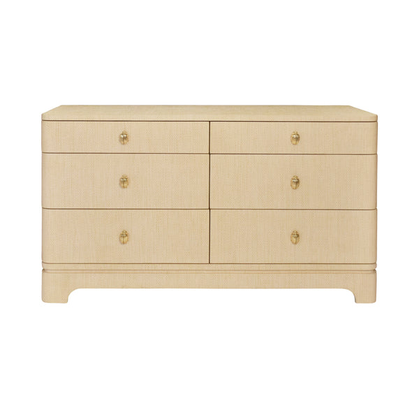 SIX DRAWER ROUNDED EDGE CHEST WITH BRASS BEETLE KNOB IN NATURAL GRASSCLOTH