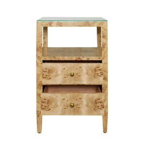 TWO DRAWER SIDE TABLE IN BURL WOOD WITH POLISHED BRASS KNOBS