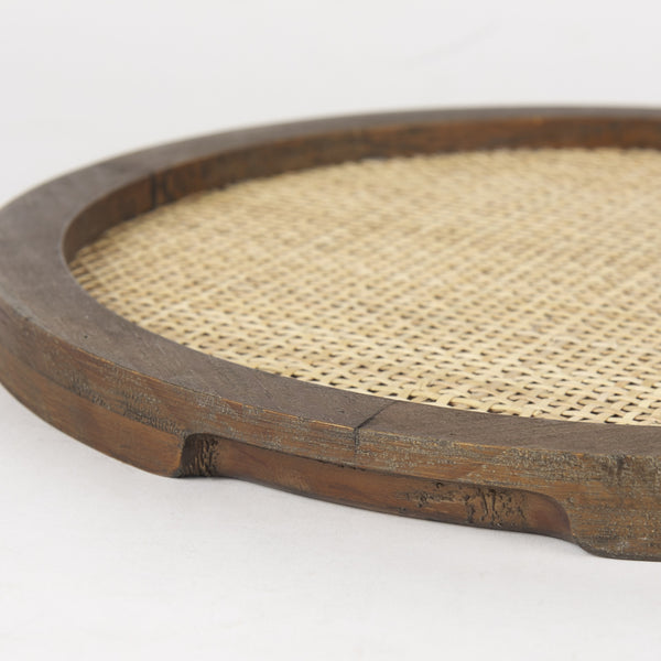 Silas Cane and Medium Brown Wood Round Tray