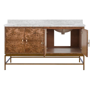 BATH VANITY IN MATTE DARK BURL WOOD AND ANTIQUE BRASS WITH WHITE MARBLE TOP AND DOUBLE PORCELAIN SINKS, 60" WIDE