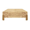 SQUARE CHUNK COFFEE TABLE WITH ANTIQUE BRASS LEG BRACKETS IN BURL WOOD