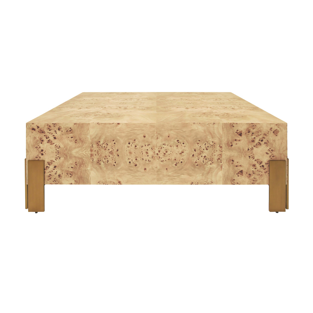 SQUARE CHUNK COFFEE TABLE WITH ANTIQUE BRASS LEG BRACKETS IN BURL WOOD