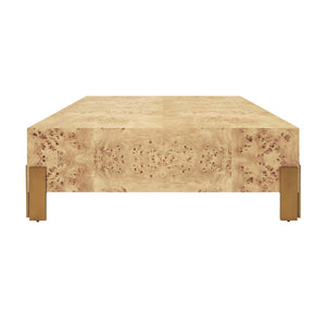 SQUARE CHUNK COFFEE TABLE WITH ANTIQUE BRASS LEG BRACKETS IN BURL WOOD