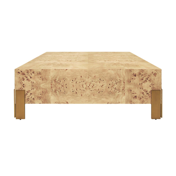 SQUARE CHUNK COFFEE TABLE WITH ANTIQUE BRASS LEG BRACKETS IN BURL WOOD