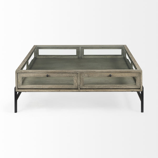Arelius 42" Square Glass-Top Gray Wood w/ Black Metal Base Display Coffee Table