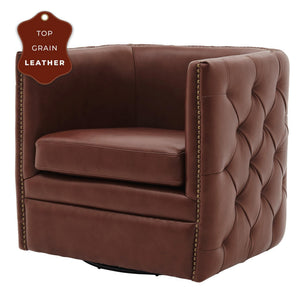 Leslie Top Grain Leather Swivel Tufted Arm Chair In Garrett Brown