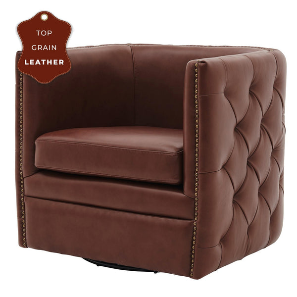 Leslie Top Grain Leather Swivel Tufted Arm Chair In Garrett Brown