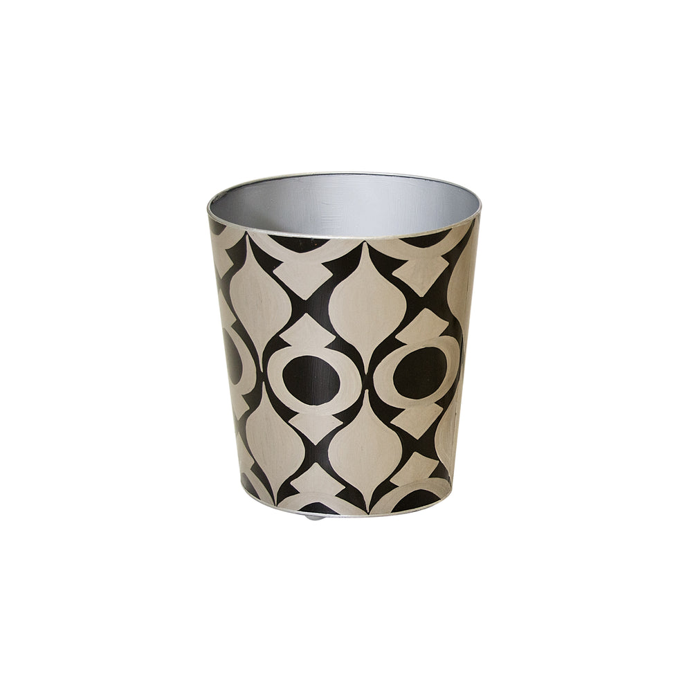 BLACK AND SILVER WASTEBASKET