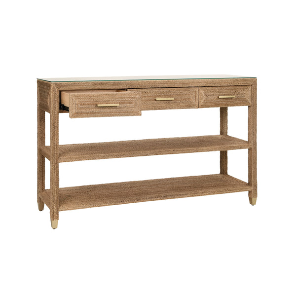 THREE DRAWER CONSOLE WITH SATIN BRASS HARDWARE AND FOOT CAPS IN WRAPPED ROPE