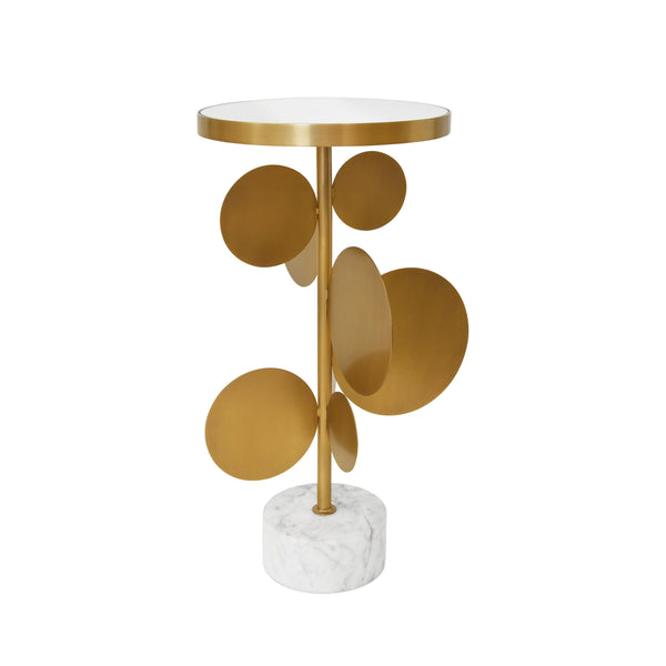 ROUND BRASS SIDE TABLE FEATURING BASE WITH ARRAY OF ANTIQUE BRASS DISCS, WHITE MARBLE BASE, AND INSET MIRROR