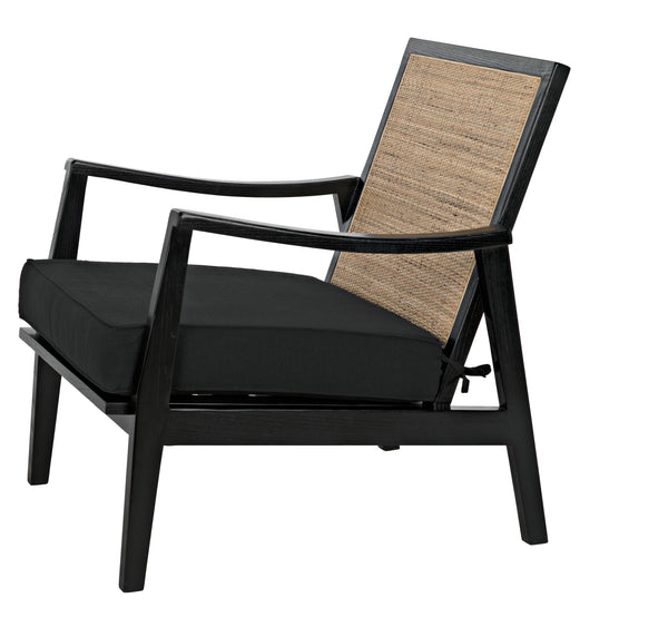 Lichtenstein Sungkai and Mindi Wood Chair with Peeled Rattan Detailing in Charcoal Black with Black Cotton Upholstery