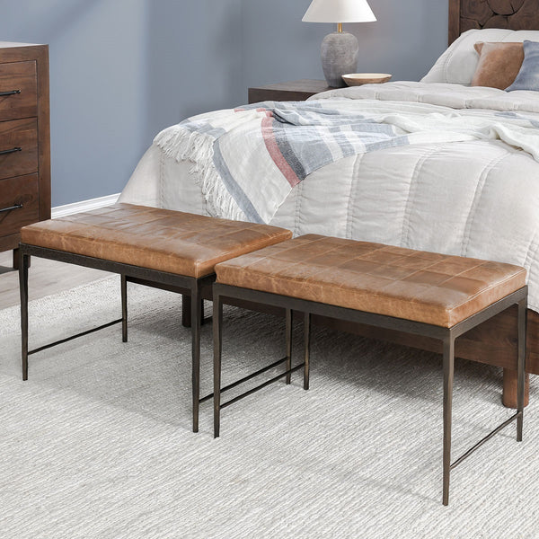 Malo Leather Bench with Hammered Iron Legs - Sedona Brown
