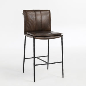 Mayer Leather Counter Stool with Hammered Iron Legs